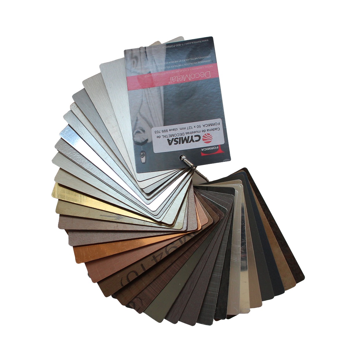 Cadena de muestras de laminados metálicos DecoMetal®, de 88 x 127 mm